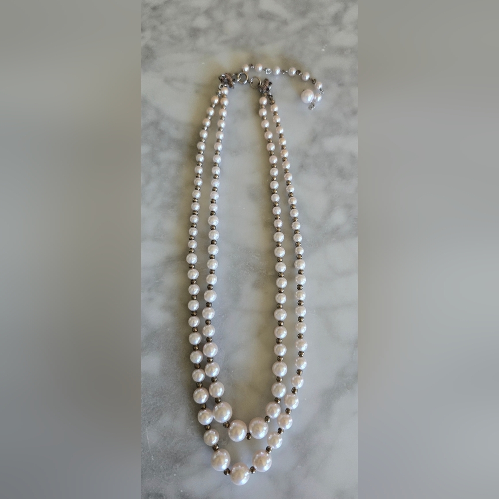 Faux Pearls Silver Tone Beads Double‎ Strand 8.5 In Necklace